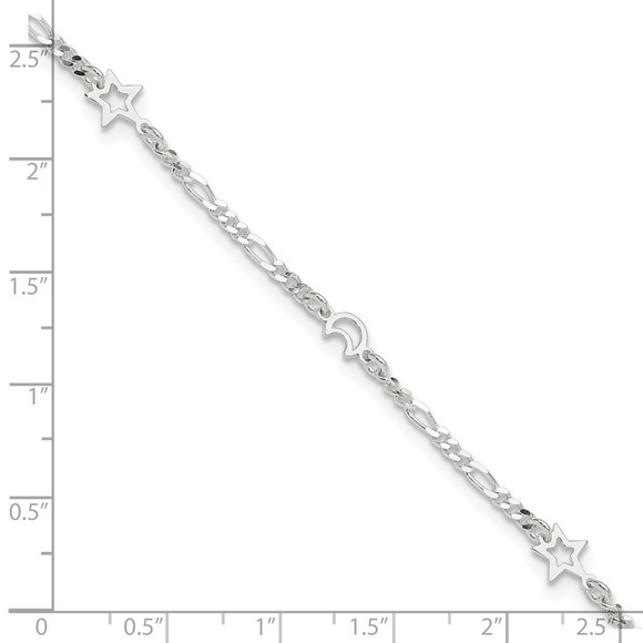 925 Sterling Silver Polished Moon and Star Charms 9" + 1" Ext. Jewelry Anklet - Picture 4 of 7